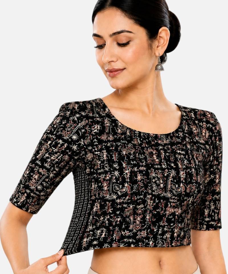 Black kalamkari printed inner cotton lining side (smocked) stretchable top readymade saree blouse