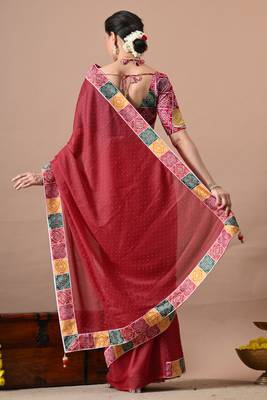 Women's red embellished georgette saree with unstitched piece 4