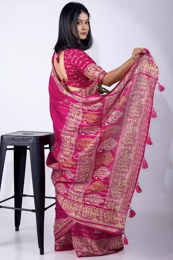 Women's pink zari woven stripes cotton silk blend saree with unstitched piece