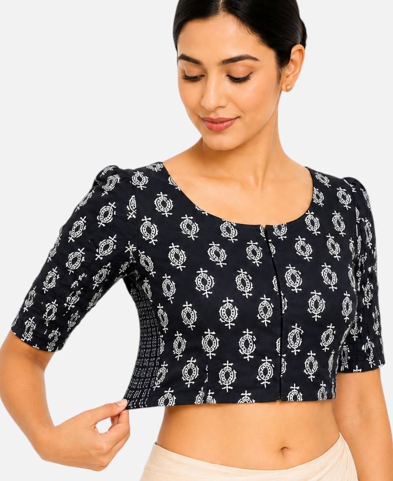 Black printed inner cotton lining side (smocked) stretchable top readymade saree blouse