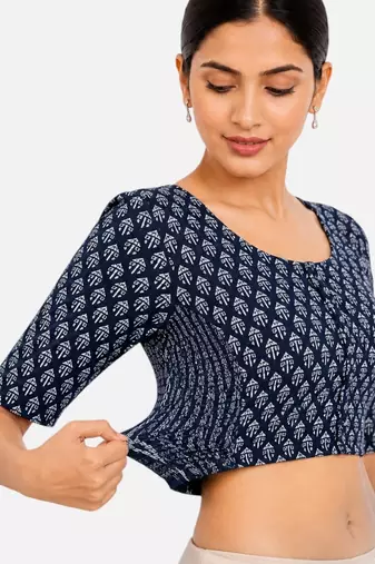 Blue printed inner cotton lining side (smocked) stretchable top readymade saree blouse