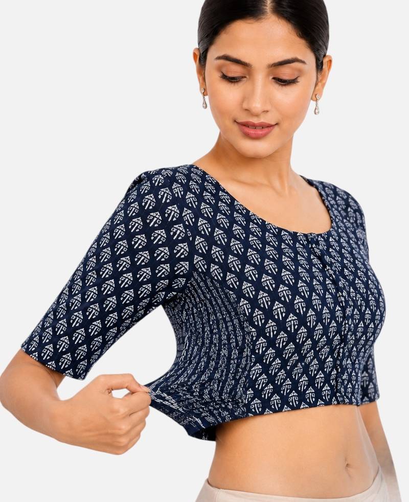 Blue printed inner cotton lining side (smocked) stretchable top readymade saree blouse