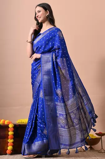 Women's blue block print cotton silk blend saree with unstitched piece
