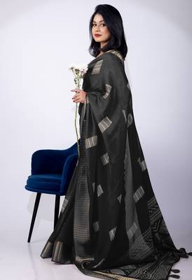 Women's black block print cotton silk blend saree with unstitched piece 2