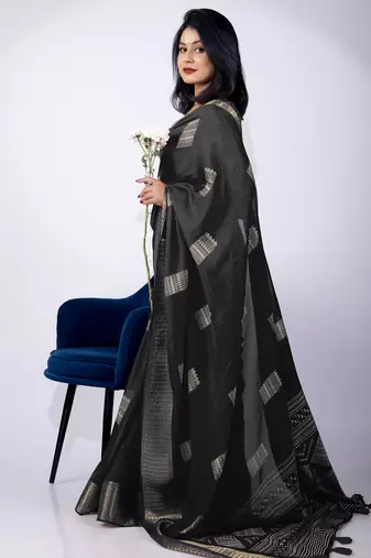 Women's black block print cotton silk blend saree with unstitched piece