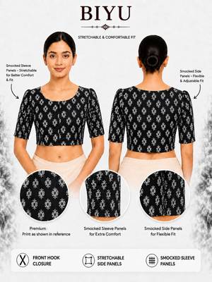 Black printed inner cotton lining side (smocked) stretchable top readymade saree blouse 5