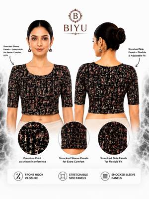 Black kalamkari printed inner cotton lining side (smocked) stretchable top readymade saree blouse 5