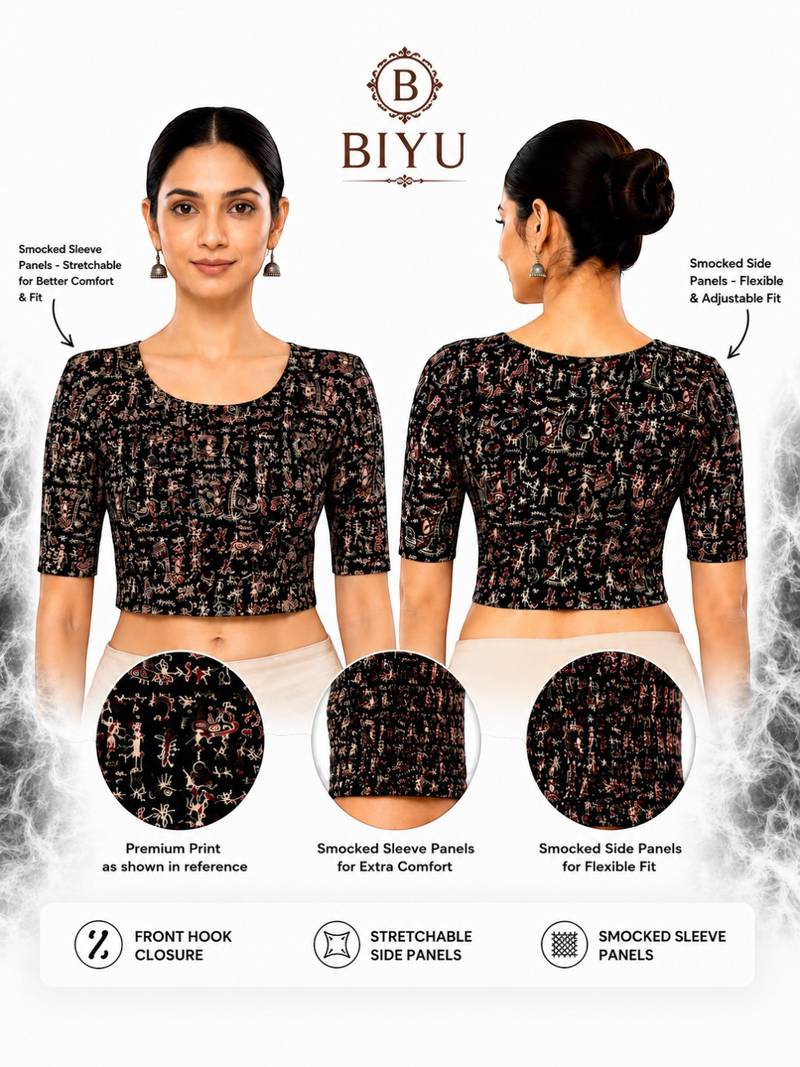 Black kalamkari printed inner cotton lining side (smocked) stretchable top readymade saree blouse
