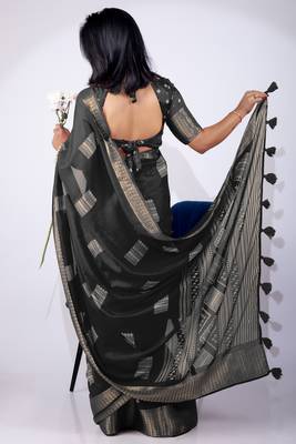 Women's black block print cotton silk blend saree with unstitched piece 3