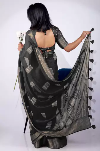 Women's black block print cotton silk blend saree with unstitched piece