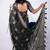 Women's black block print cotton silk blend saree with unstitched piece