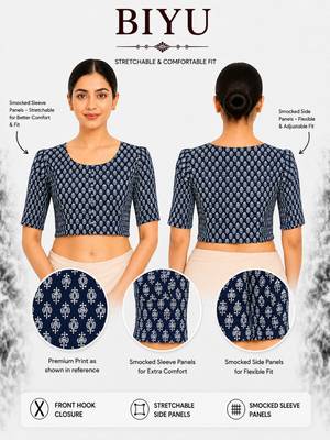 Blue printed inner cotton lining side (smocked) stretchable top readymade saree blouse 5