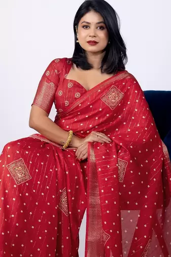 Women's red block print cotton silk blend saree with unstitched piece