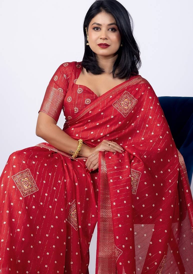 Women's red block print cotton silk blend saree with unstitched piece