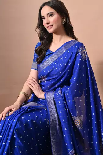 Women's blue block print cotton silk blend saree with unstitched piece