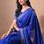 Women's blue block print cotton silk blend saree with unstitched piece