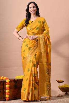 Women's mustard block print cotton silk blend saree with unstitched piece 1