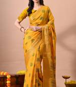 Women's mustard block print cotton silk blend saree with unstitched piece