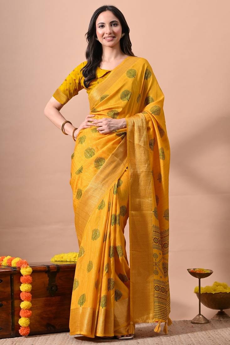 Women's mustard block print cotton silk blend saree with unstitched piece