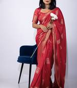 Women's red block print cotton silk blend saree with unstitched piece