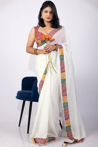 Women's white embellished georgette saree with unstitched piece