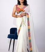Women's white embellished georgette saree with unstitched piece