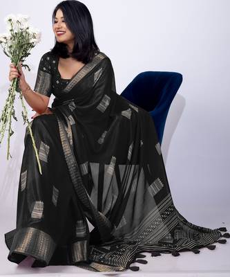 Women's black block print cotton silk blend saree with unstitched piece 5