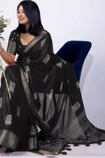 Women's black block print cotton silk blend saree with unstitched piece