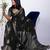 Women's black block print cotton silk blend saree with unstitched piece