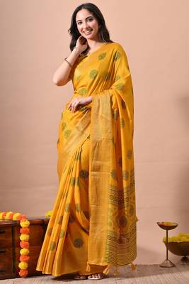 Women's mustard block print cotton silk blend saree with unstitched piece 3