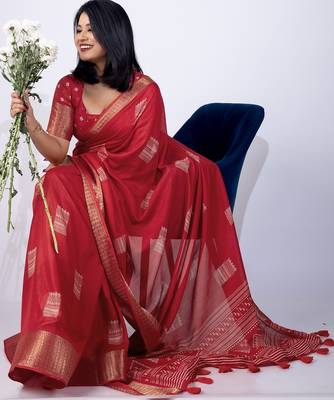 Women's red block print cotton silk blend saree with unstitched piece 2