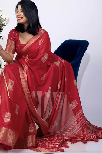 Women's red block print cotton silk blend saree with unstitched piece