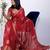 Women's red block print cotton silk blend saree with unstitched piece