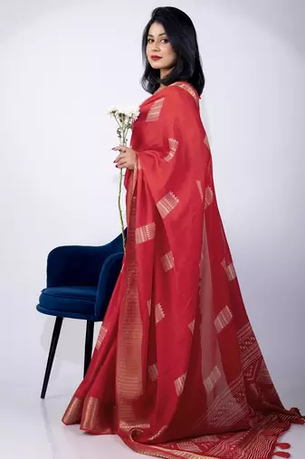 Women's red block print cotton silk blend saree with unstitched piece