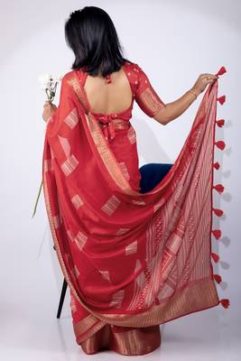 Women's red block print cotton silk blend saree with unstitched piece 4
