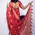 Women's red block print cotton silk blend saree with unstitched piece