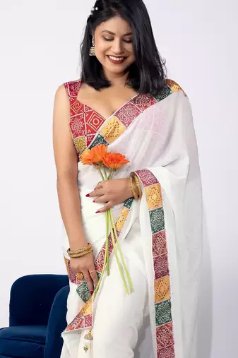Women's white embellished georgette saree with unstitched piece