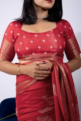 Women's red block print cotton silk blend saree with unstitched piece 5
