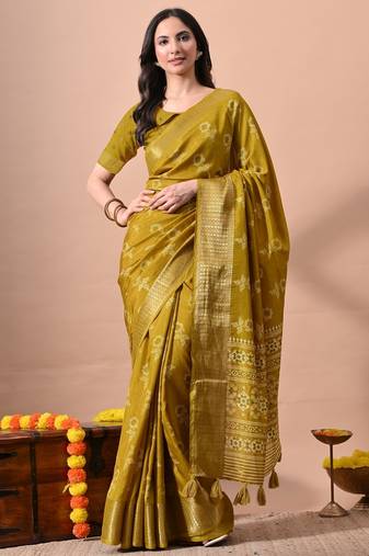 Women's mustard floral print cotton silk blend saree with unstitched piece