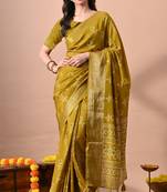Women's mustard floral print cotton silk blend saree with unstitched piece