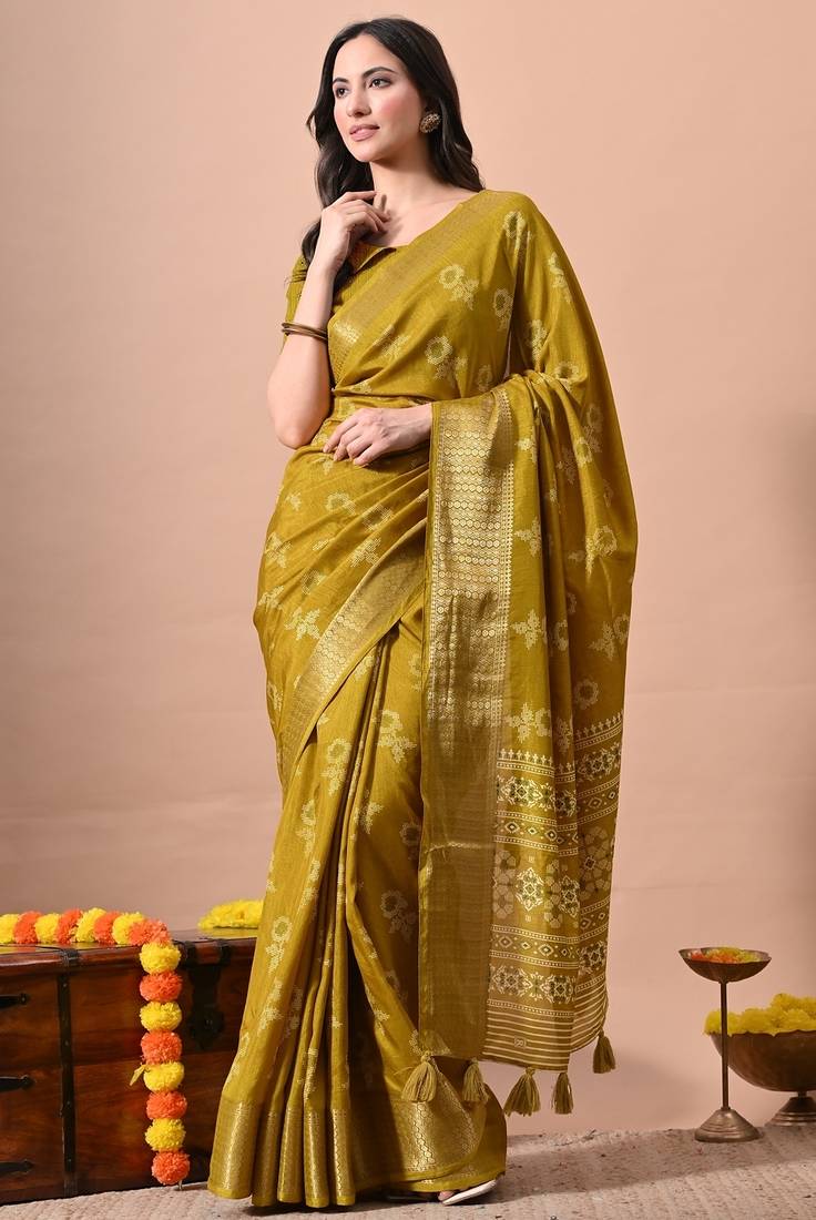 Women's mustard floral print cotton silk blend saree with unstitched piece