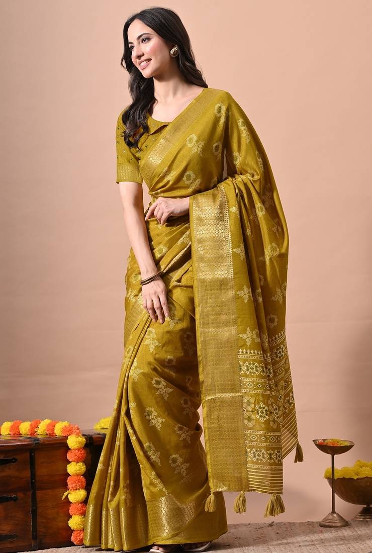 Women's mustard floral print cotton silk blend saree with unstitched piece