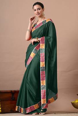 Women's green embellished georgette saree with unstitched piece 5