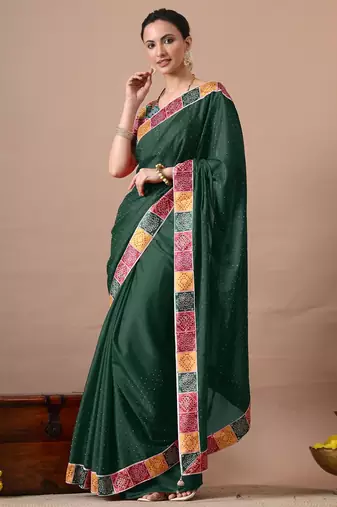 Women's green embellished georgette saree with unstitched piece