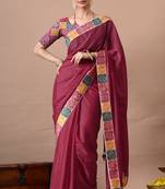 Women's maroon embellished georgette saree with unstitched piece