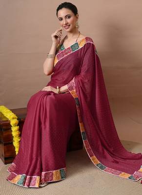 Women's maroon embellished georgette saree with unstitched piece 2