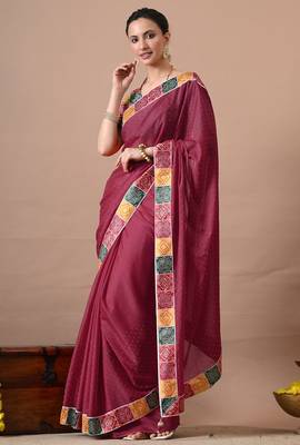 Women's maroon embellished georgette saree with unstitched piece 3