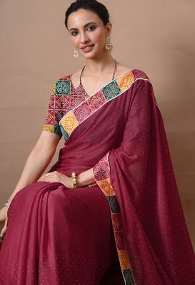 Women's maroon embellished georgette saree with unstitched piece 4