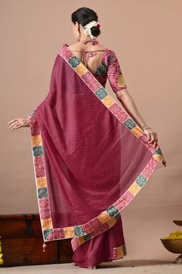 Women's maroon embellished georgette saree with unstitched piece 5