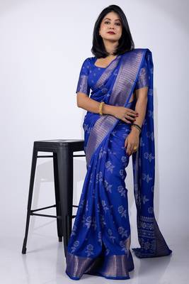 Women's blue floral print cotton silk blend saree with unstitched piece 1